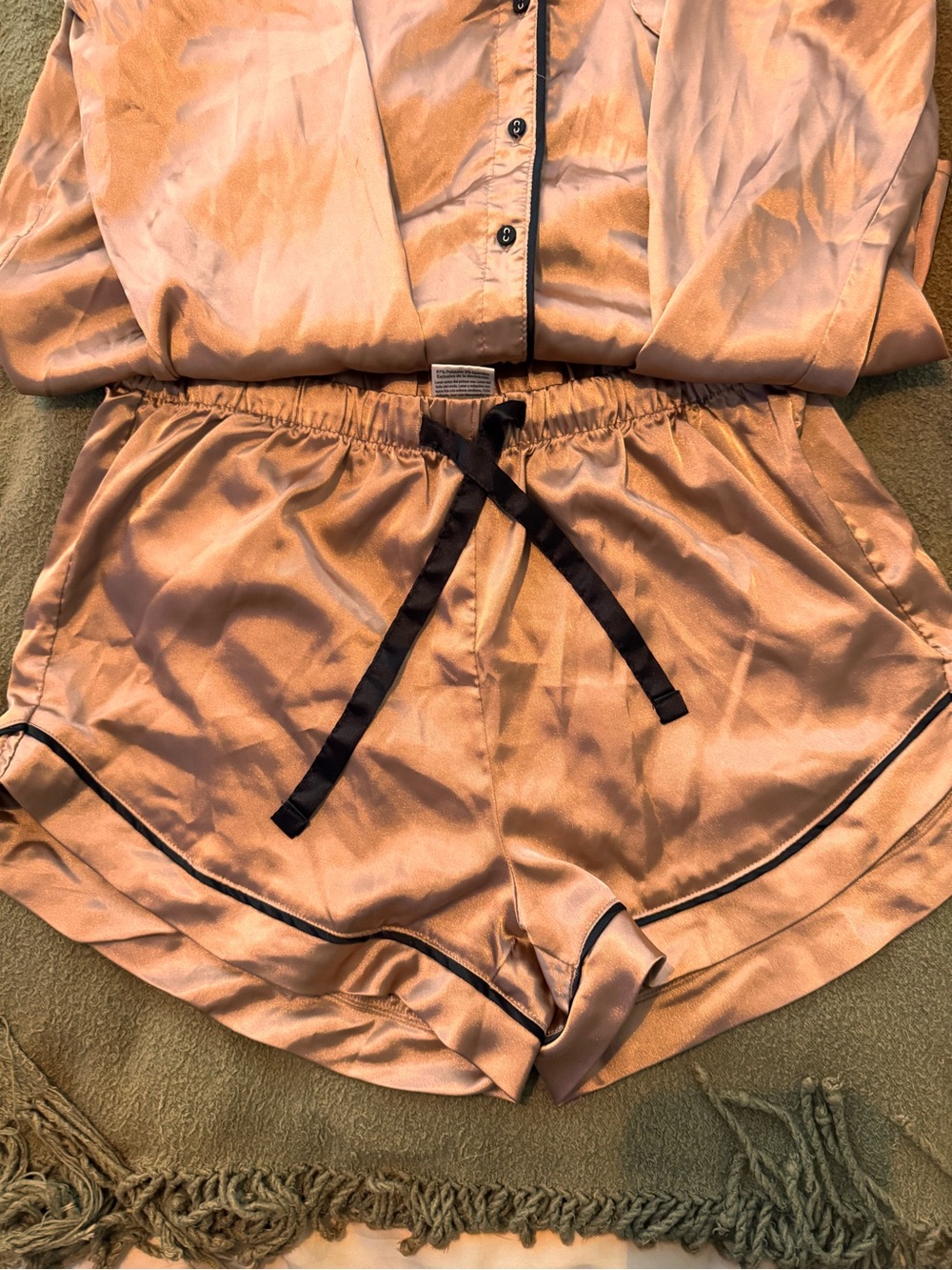 Serra Satin Taupe Pajama Set with Black Piping - Picture 4 of 11
